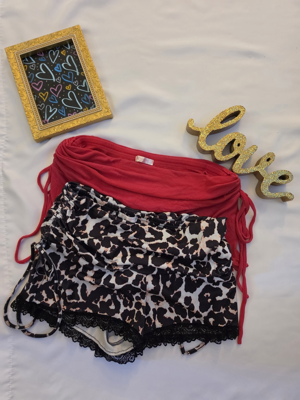 Red Drawstring Shorts & Black & White Leopard Lace-Trim Polyester Shorts LowRise
